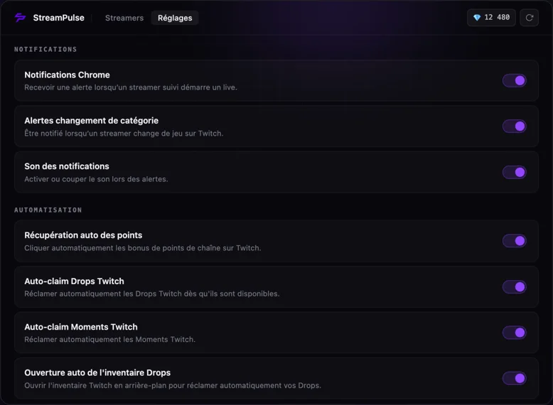 StreamPulse settings: notifications Chrome, category change alerts, sound, auto-collection of points, Drops and Moments, auto-open inventory Drops
